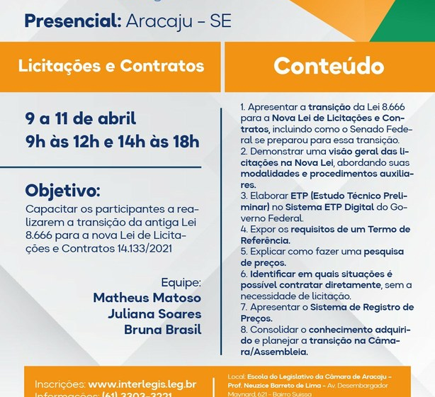  Escola do Legislativo de Aracaju, em parceria com o Interlegis, oferta oficina sobre licitações e contratos – Câmara Municipal de Aracaju